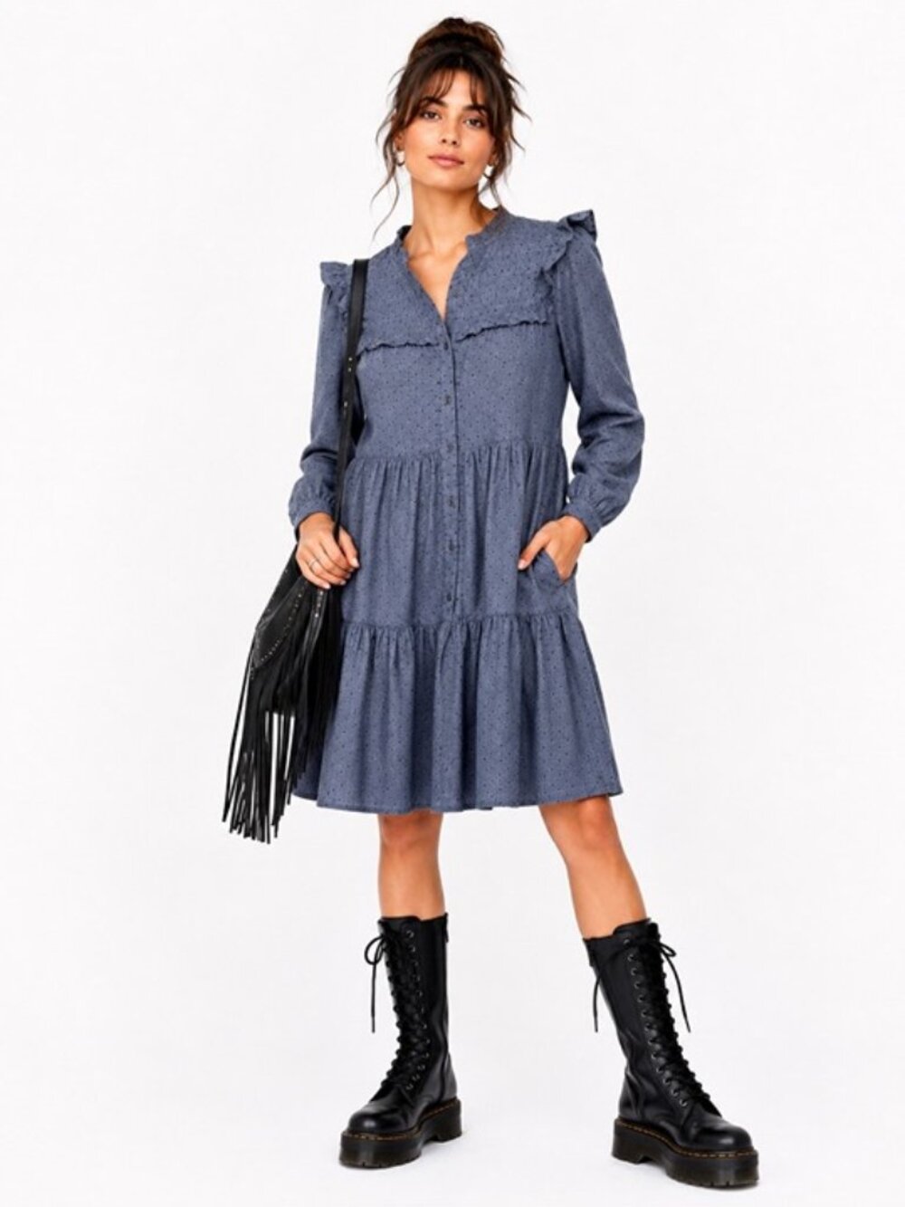 Crown & Ivy Gray Swiss Dot Cotton Tiered Dress with Pockets Size L